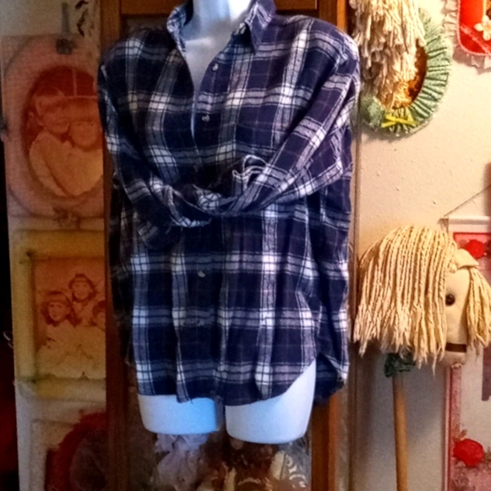 Vintage 80's, Blue,White & Red Plaid, Cozy, Soft, Flannel Shirt